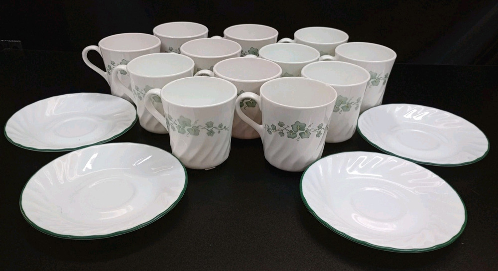 Corelle Callaway Ivy Swirl Coffee Mugs Cups Corning USA Set of 12 4 saucer plate